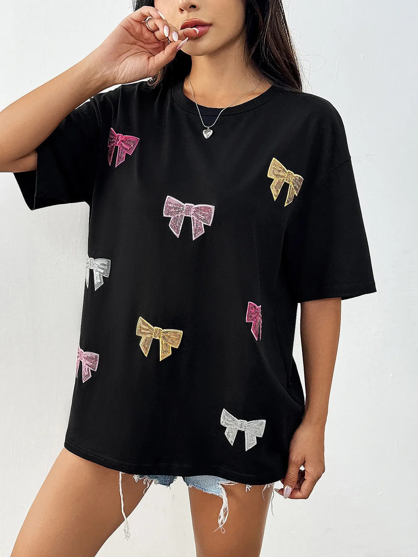 Sequin Bow Round Neck Short Sleeve Oversized Tee - Southern Shores Clothing
