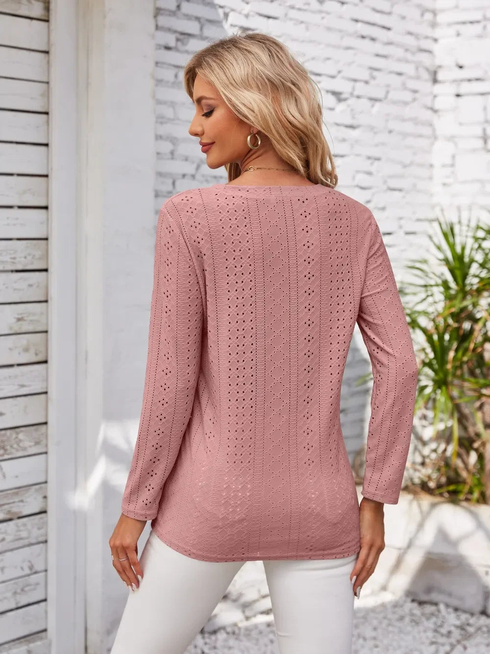 V Neck Openwork T Shirt With Decorative Buttons - Southern Shores Clothing