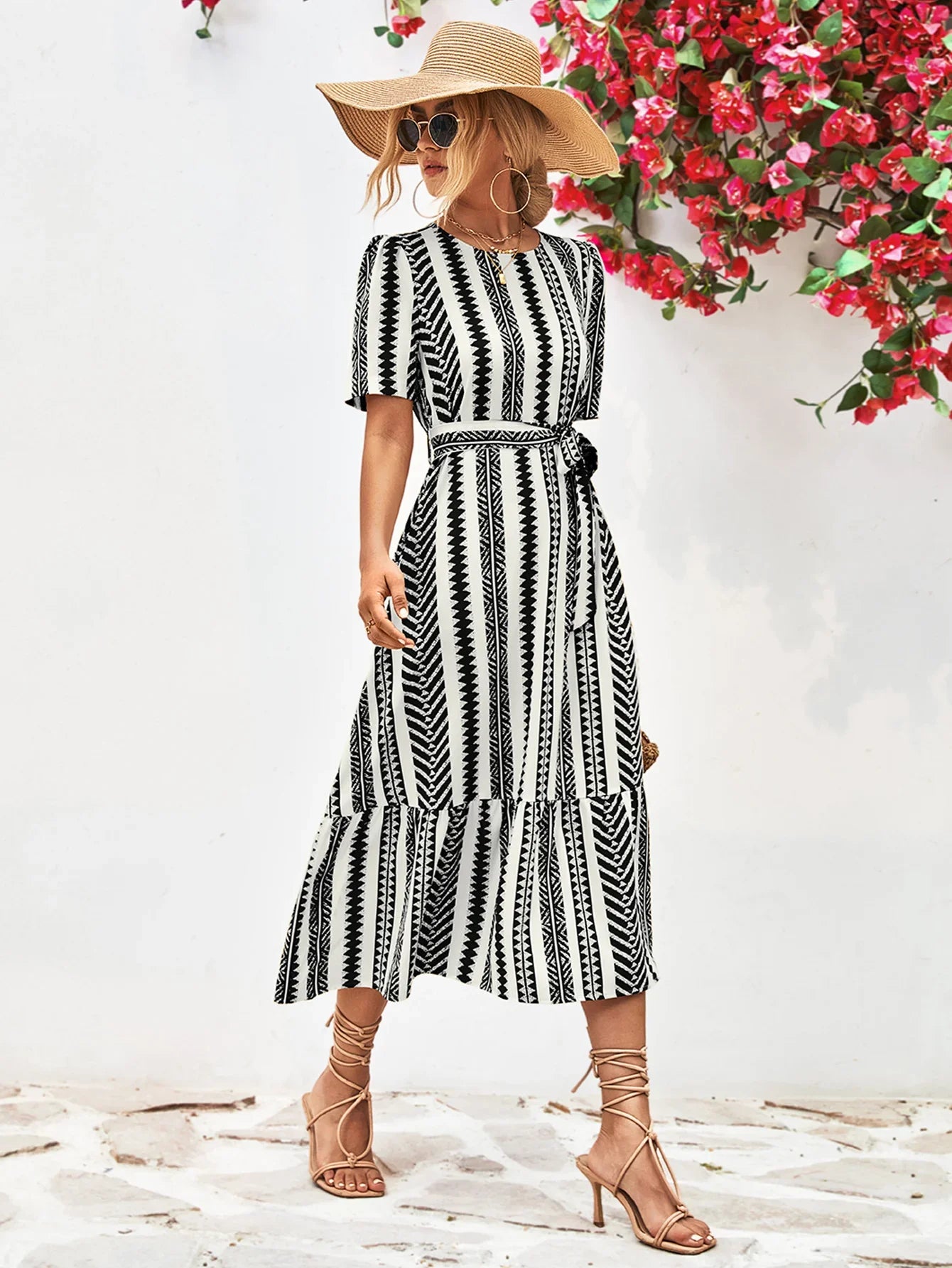 Striped Tie Belt Round Neck Puff Sleeve Dress - Southern Shores Clothing