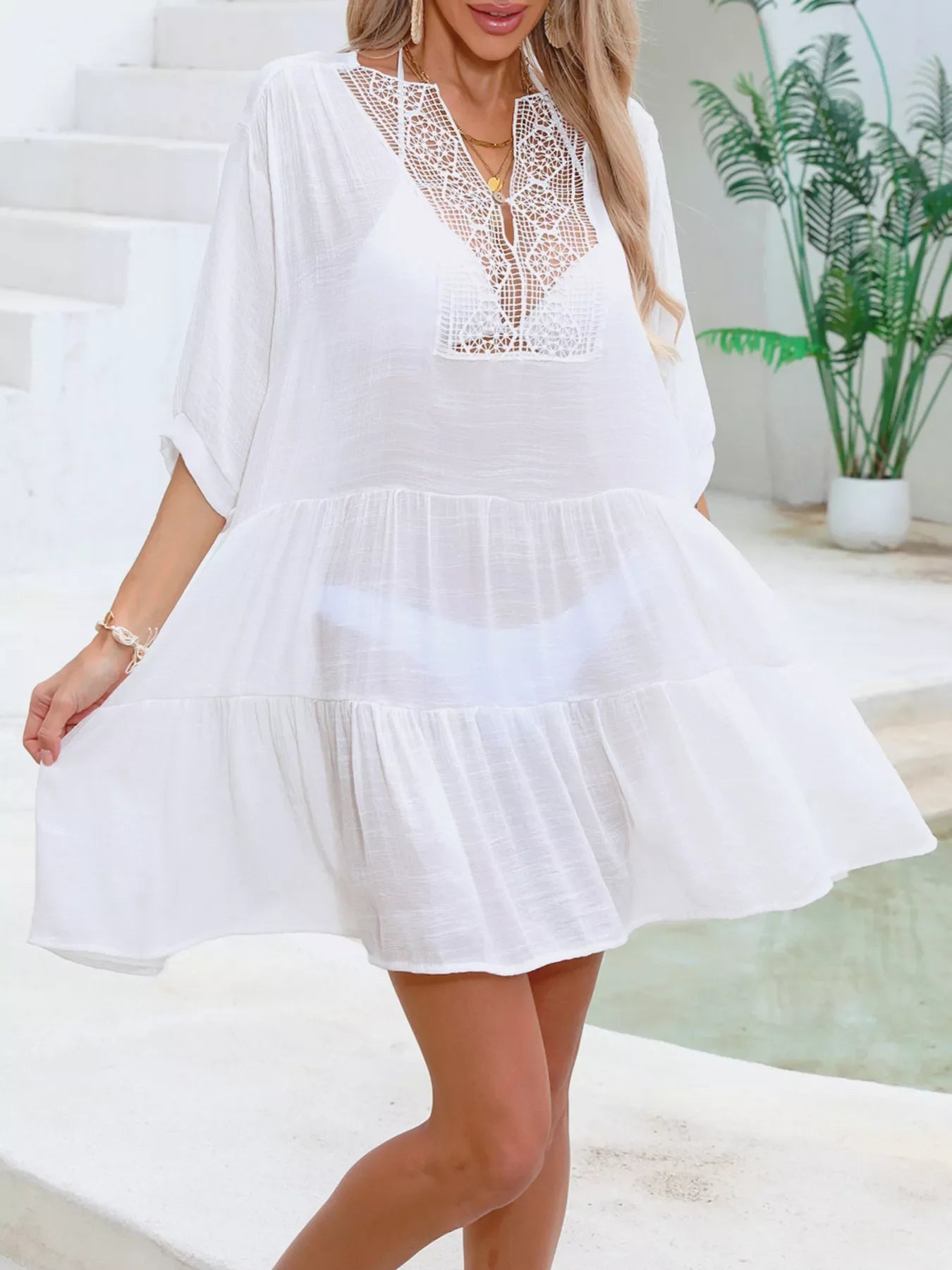 Lace Trimmed Tiered Cover-Up Dress With Crochet Panels Detail - Southern Shores Clothing