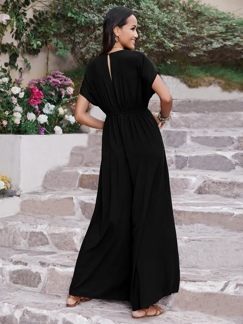 Embroidered Ruched Short Sleeve Jumpsuit - Southern Shores Clothing