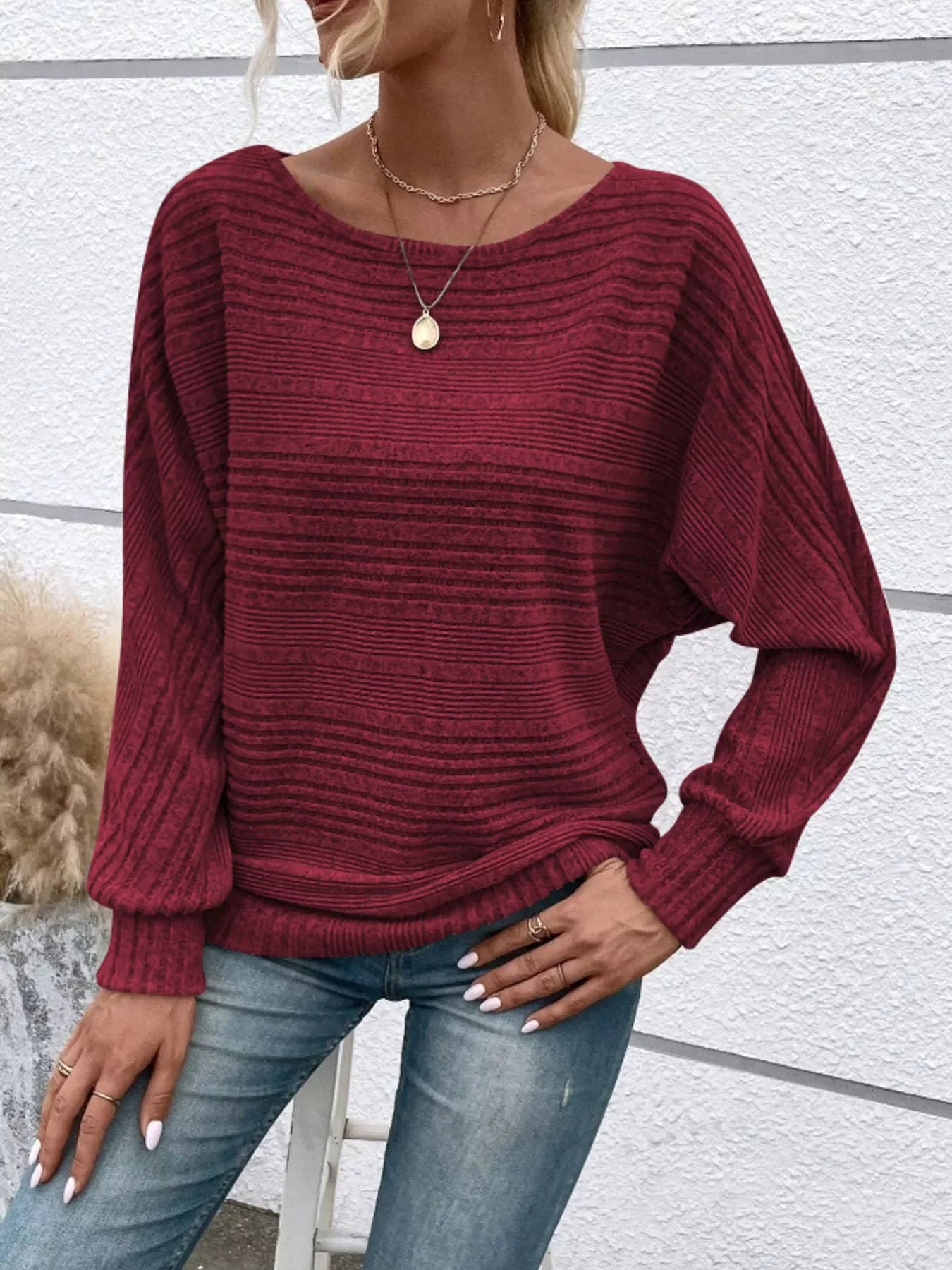 Ribbed Round-Neck Long-Sleeve T-Shirt With Slight Stretch - Southern Shores Clothing