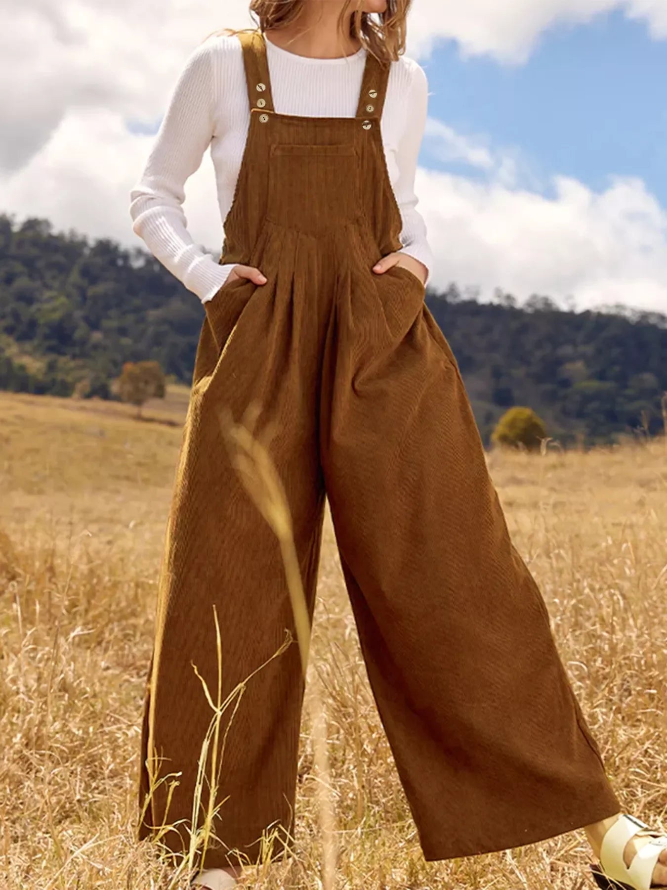 Front Ruched Wide Leg Jumpsuit With Pockets - Southern Shores Clothing