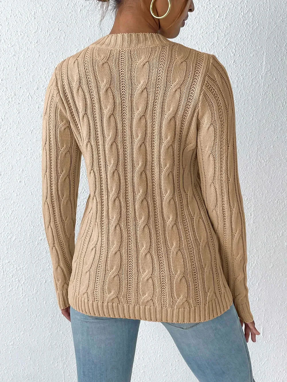 Cable Knit Round Neck Sweater With Stretch - Southern Shores Clothing