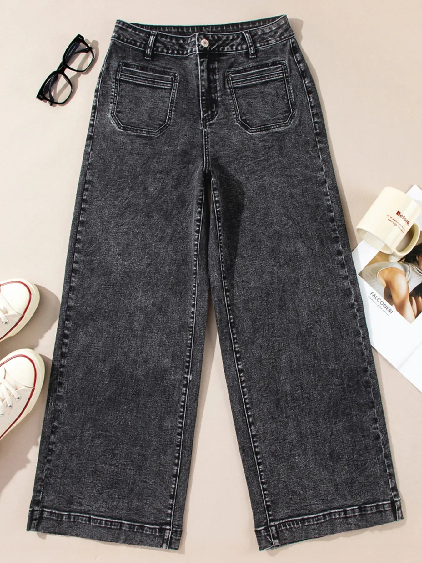 High Waisted Wide Leg Washed Denim Jeans