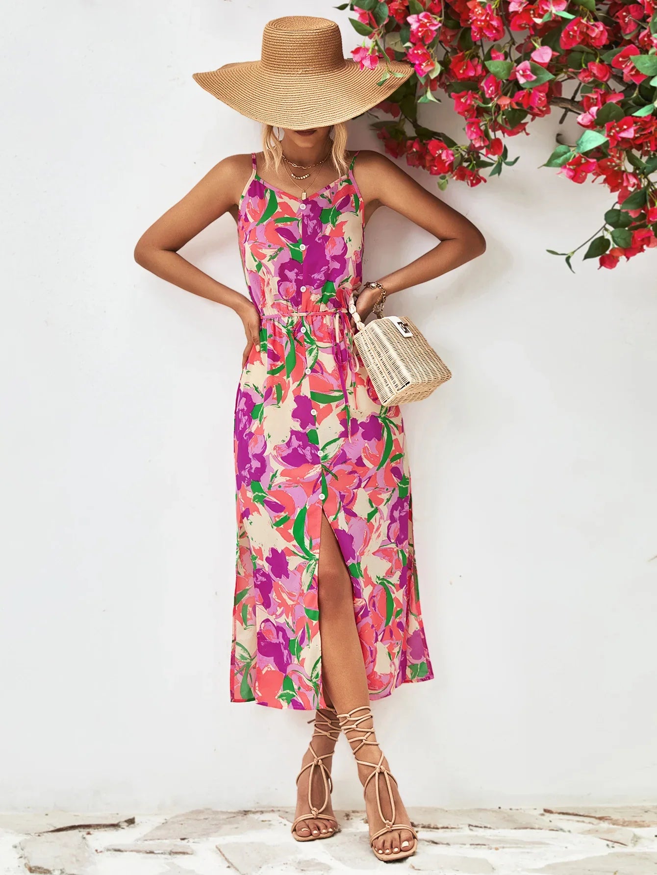 Printed Spaghetti Strap Front Slit Dress - Southern Shores Clothing