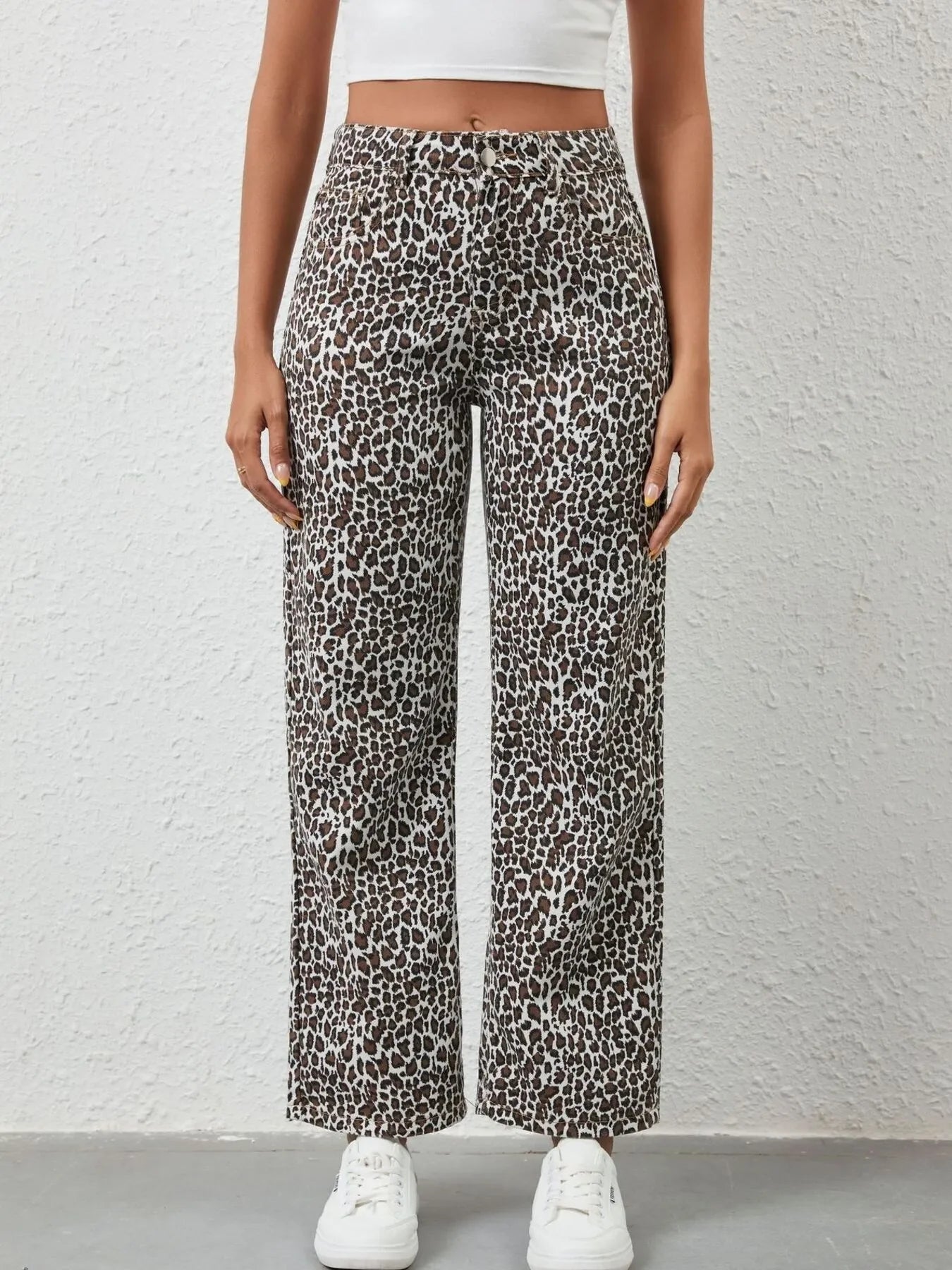 Leopard Print Wide Leg Denim Jeans With Stretch - Southern Shores Clothing