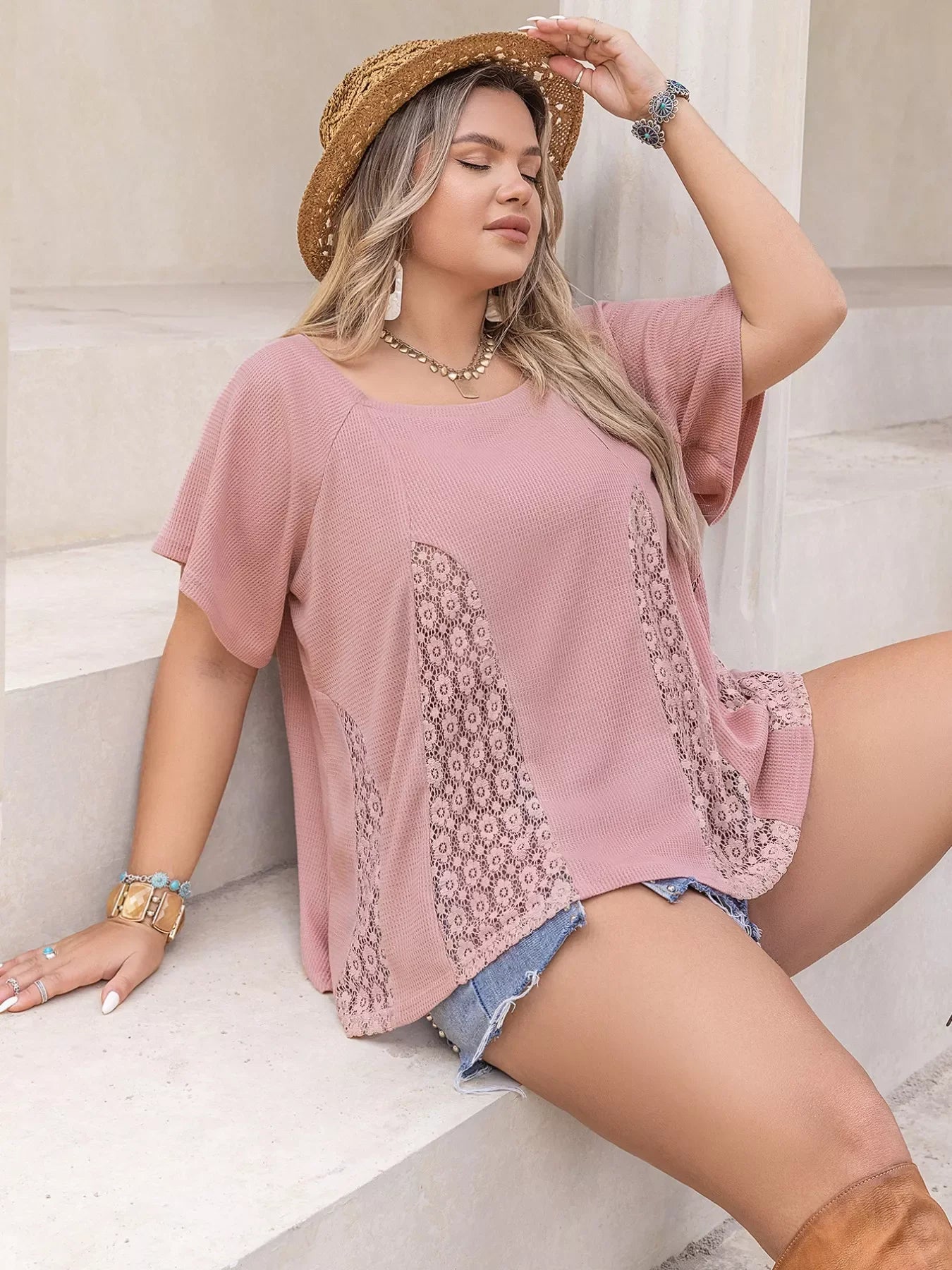Plus Size Lace Detail Round Neck Short Sleeve T-Shirt - Southern Shores Clothing