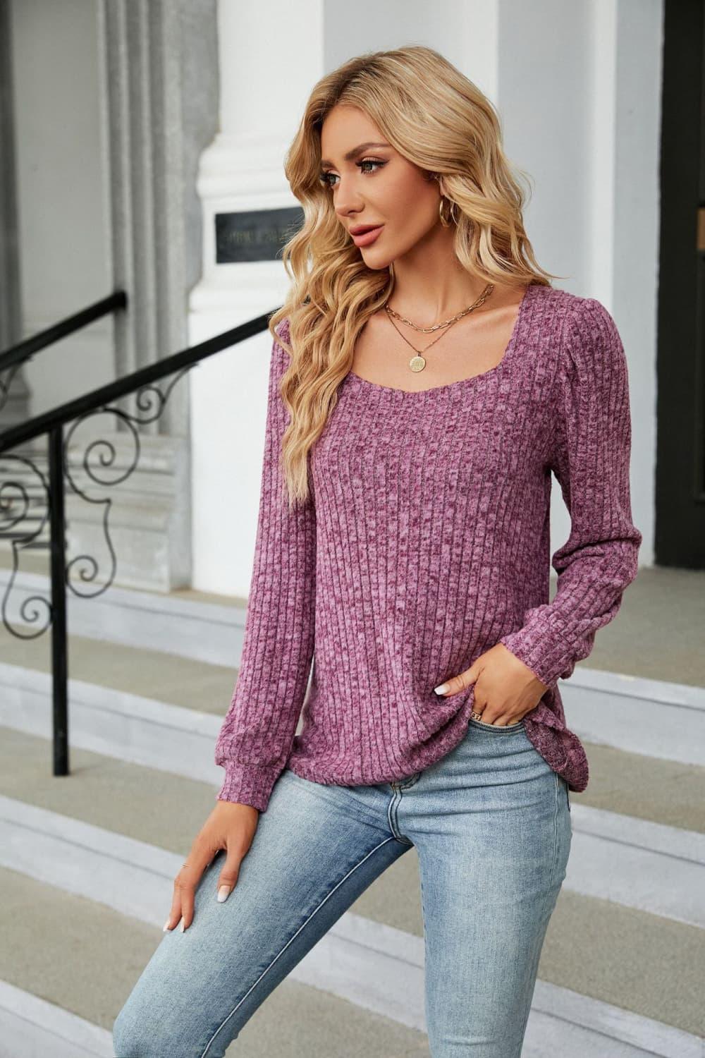 Ribbed Square Neck Long Sleeve T Shirt Rayon Blend Top - Southern Shores Clothing