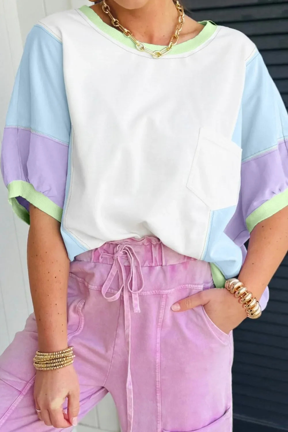 Block Patchwork Oversized Half Sleeve Relaxed T Shirt - Southern Shores Clothing