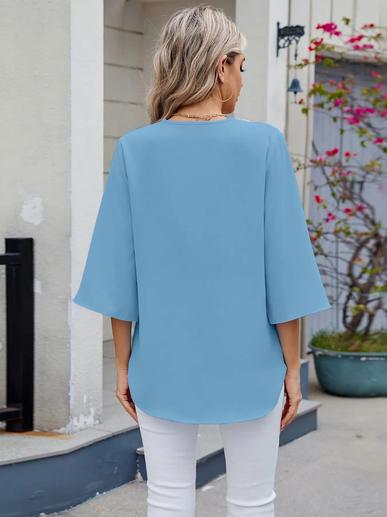 V-Neck Lace Trim Blouse With Rayon Blend And Spade Design - Southern Shores Clothing