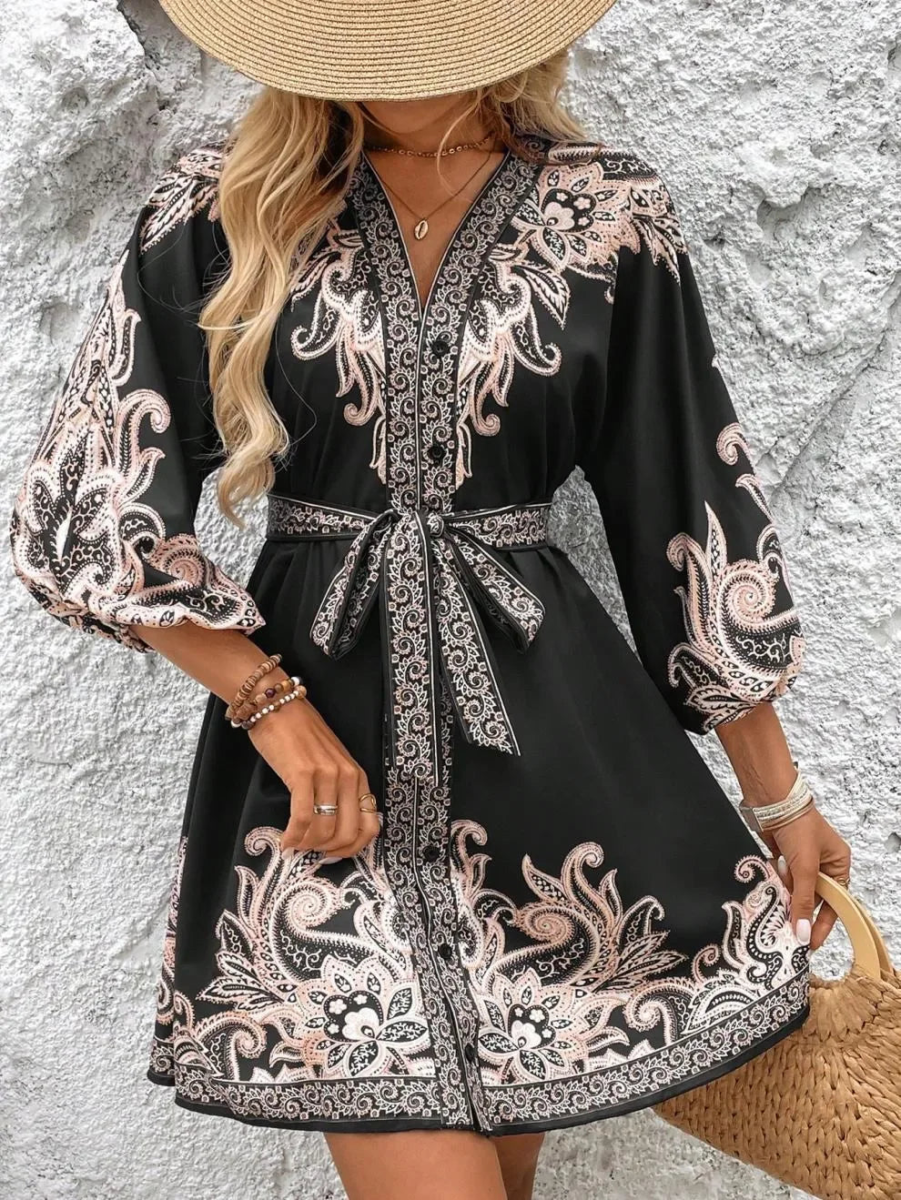 Paisley Print V Neck Mini Dress Tie Belt Three Quarter Sleeve - Southern Shores Clothing