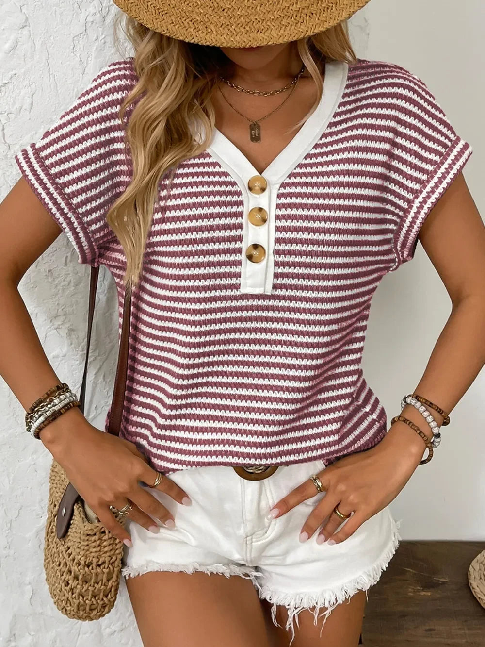 Striped V Neck Short Sleeve Buttoned Stretch T Shirt - Southern Shores Clothing