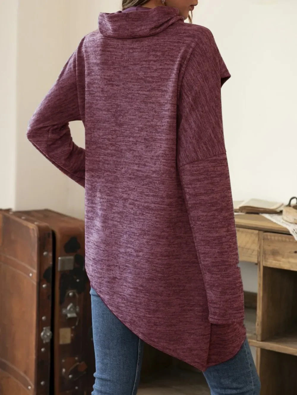 Asymmetrical Hem Cowl Neck Long Sleeve T-Shirt - Southern Shores Clothing