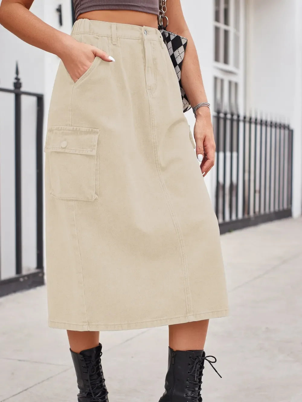 Slit Buttoned Denim Skirt With Pockets Classic - Southern Shores Clothing