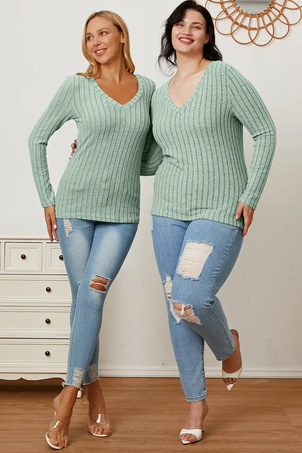 Classic Ribbed V-Neck Long Sleeve Knit Tee Top - Southern Shores Clothing