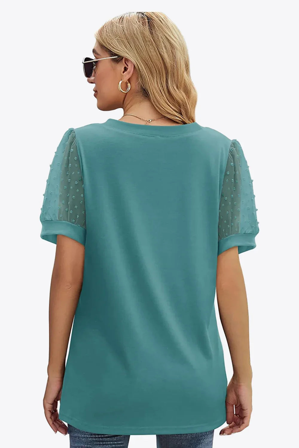 Swiss Dot Puff Sleeve V-Neck Tee With Dot Detailing - Southern Shores Clothing