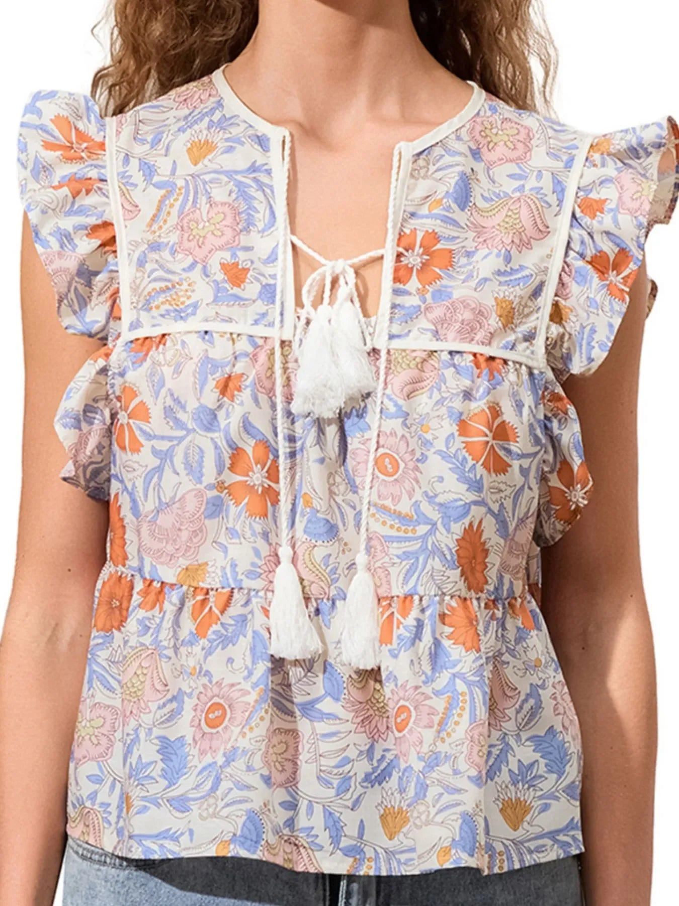 Casual Striped Tassel Ruffle Blouse Polyester - Southern Shores Clothing