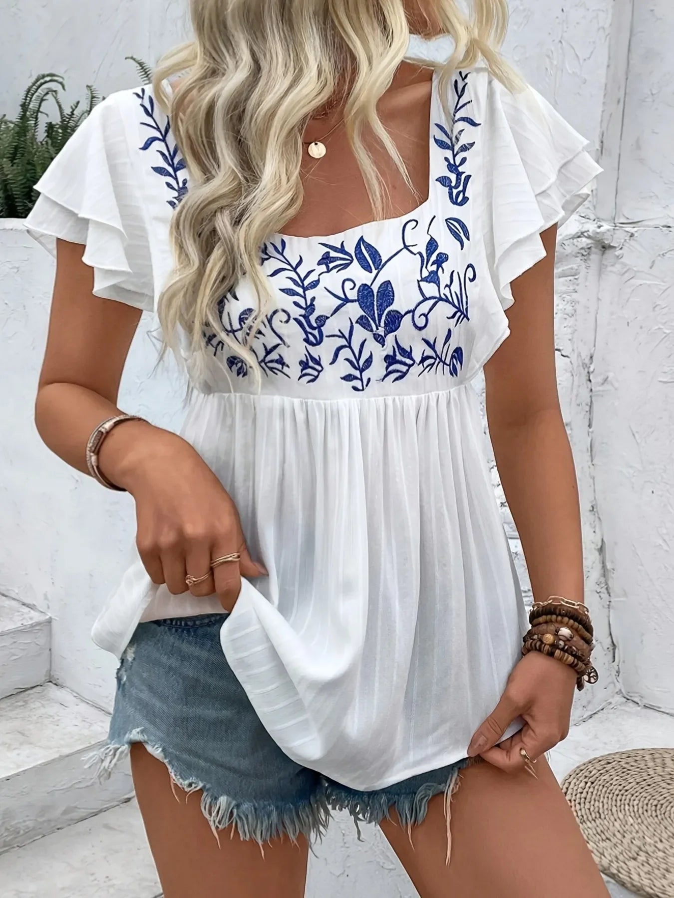 Embroidered Flutter Sleeve Babydoll Blouse - Southern Shores Clothing
