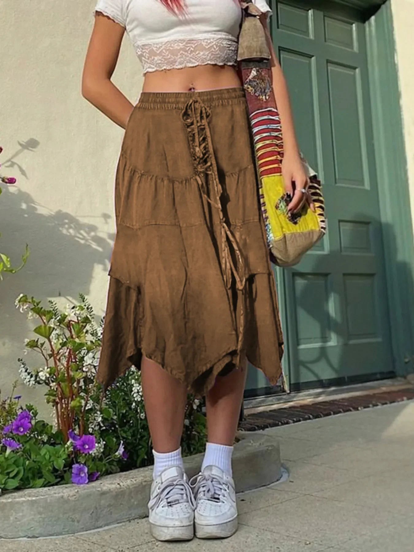 Asymmetrical Hem Midi Skirt With Drawstring Waist - Southern Shores Clothing