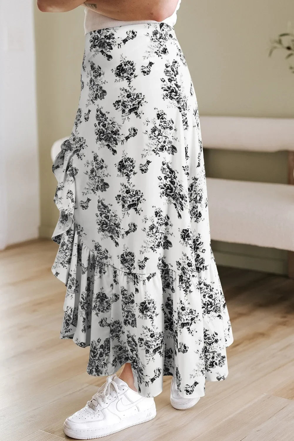 Boho Floral High Waist Ruffle Split Maxi Skirt - Southern Shores Clothing