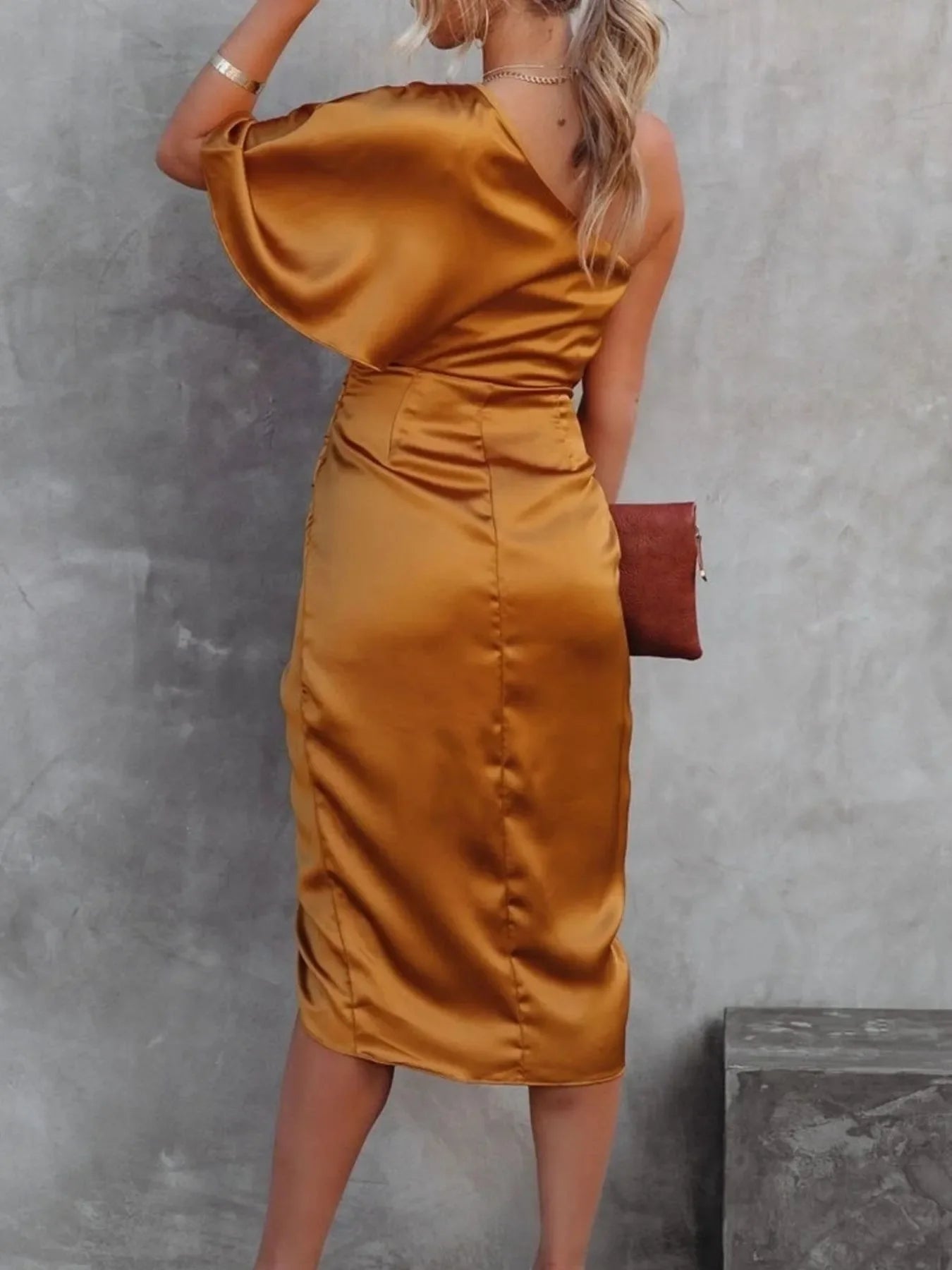 One-Shoulder Satin Wrap Dress With Side Slit - Southern Shores Clothing