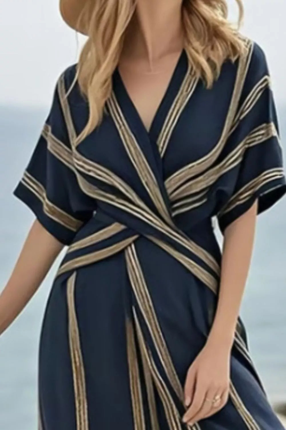 Striped Wrap Maxi Dress With Half Sleeve