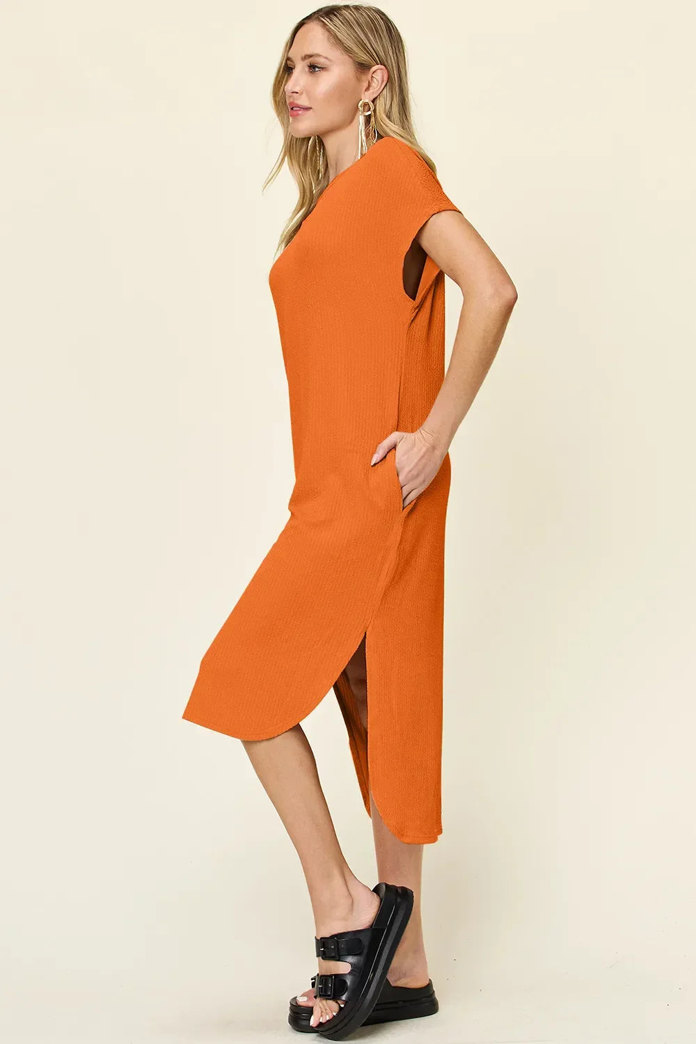 Versatile Round Neck Short Sleeve Slit Dress - Southern Shores Clothing