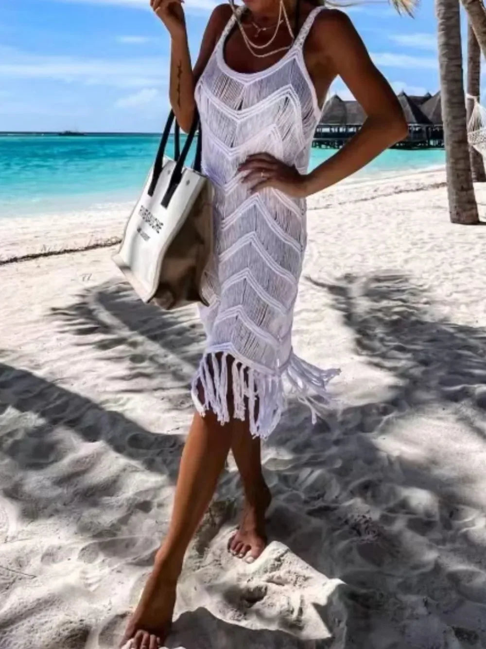 Sheer Fringe Stretchy Scoop Neck Swim Cover Up - Southern Shores Clothing