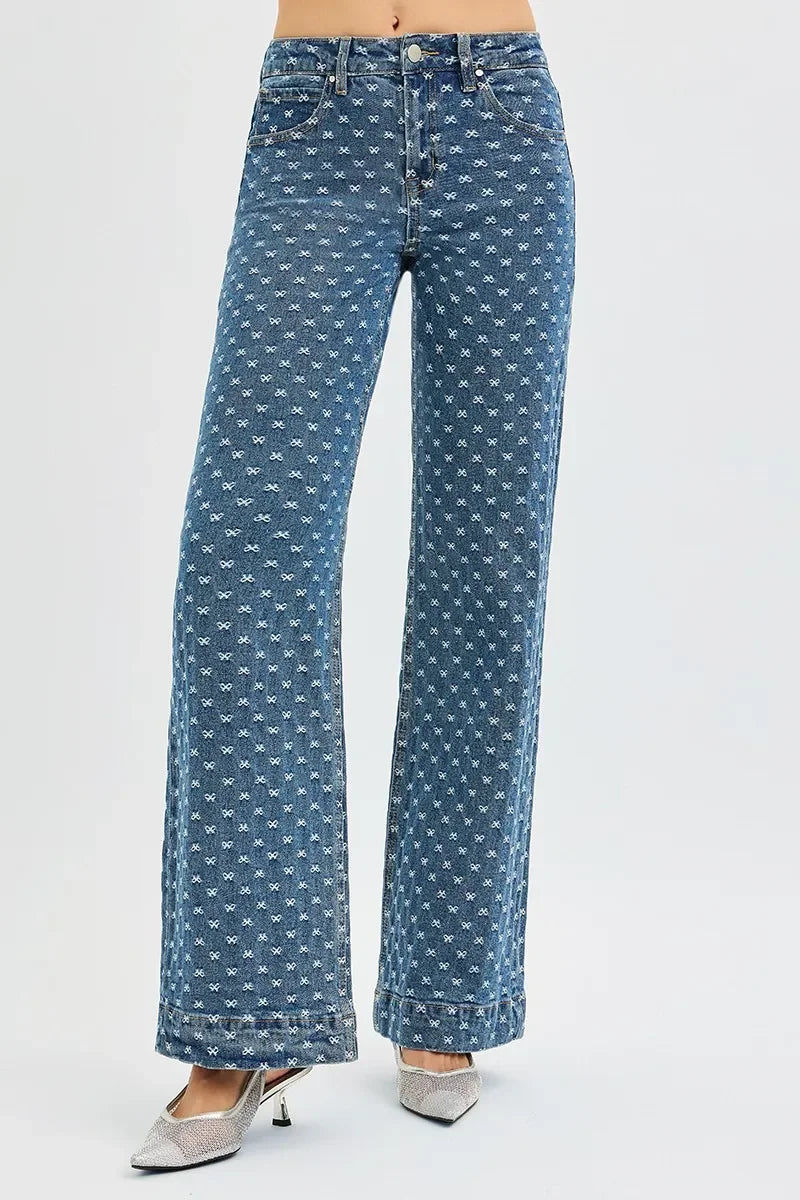High Rise Wide Leg Bow Embroidered Denim Jeans - Southern Shores Clothing