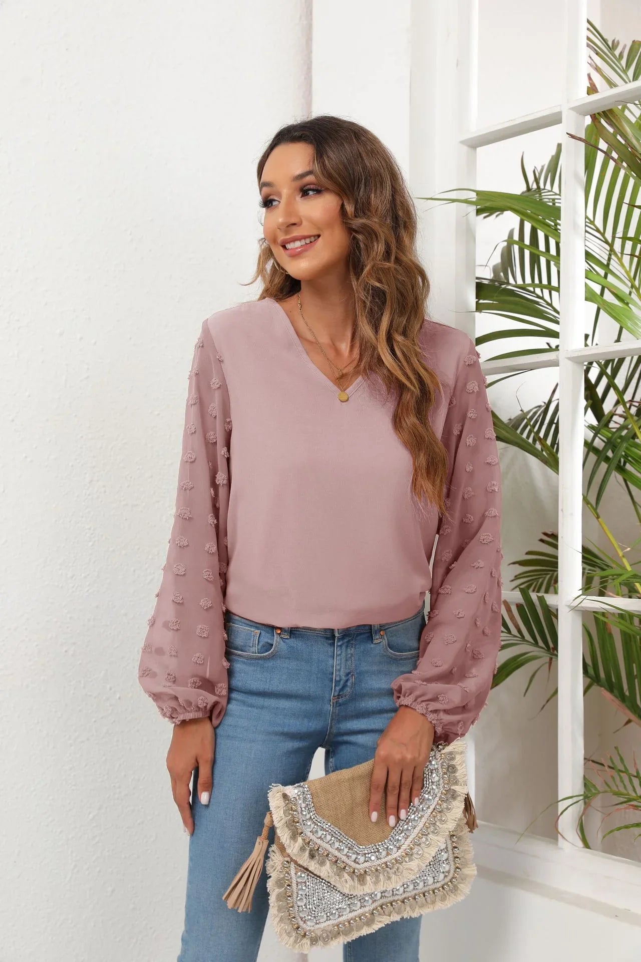 Stretch Swiss Dot V Neck Balloon Sleeve Blouse - Southern Shores Clothing