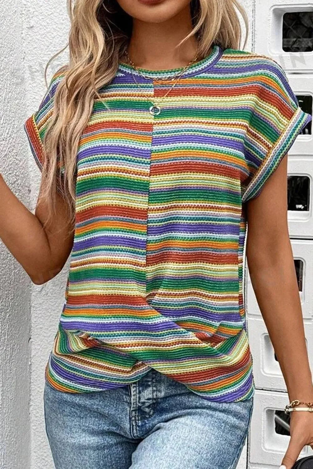 Striped Twist Hem Cap Sleeve Top For Casual Daywear Style - Southern Shores Clothing