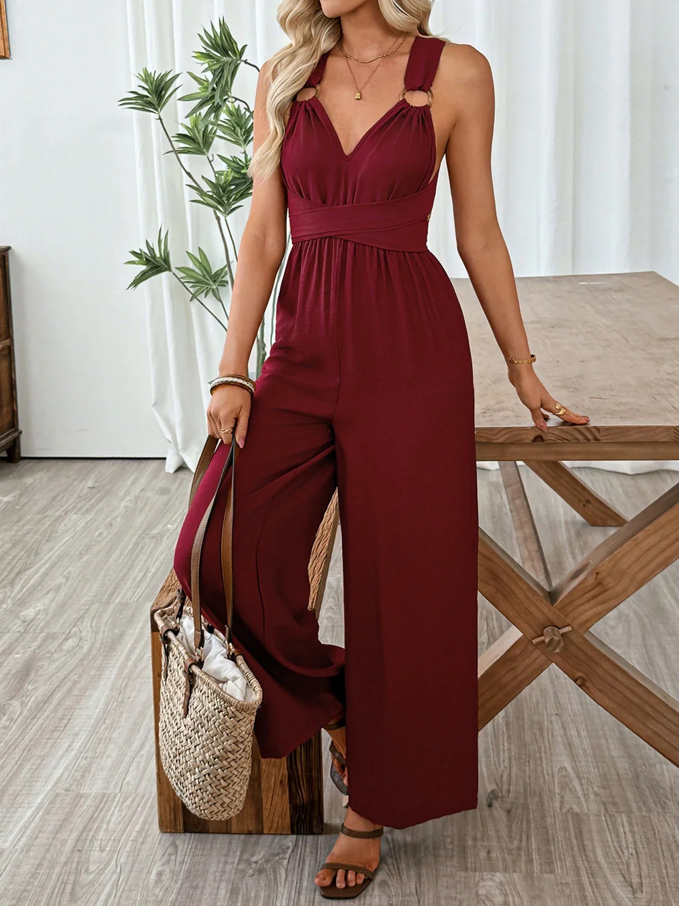 V Neck Sleeveless Wide Leg Jumpsuit Crisscross - Southern Shores Clothing