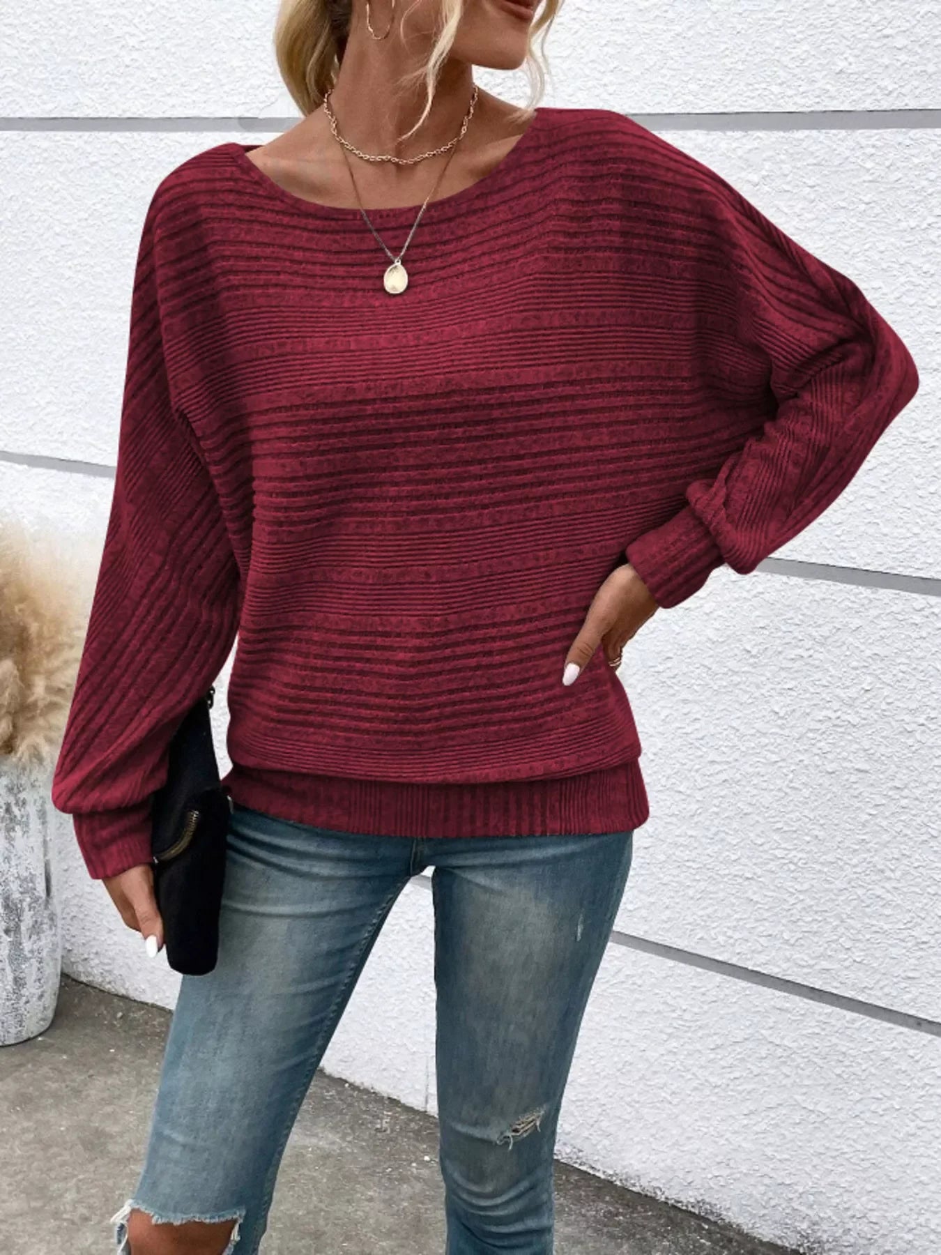 Ribbed Round-Neck Long-Sleeve T-Shirt With Slight Stretch - Southern Shores Clothing