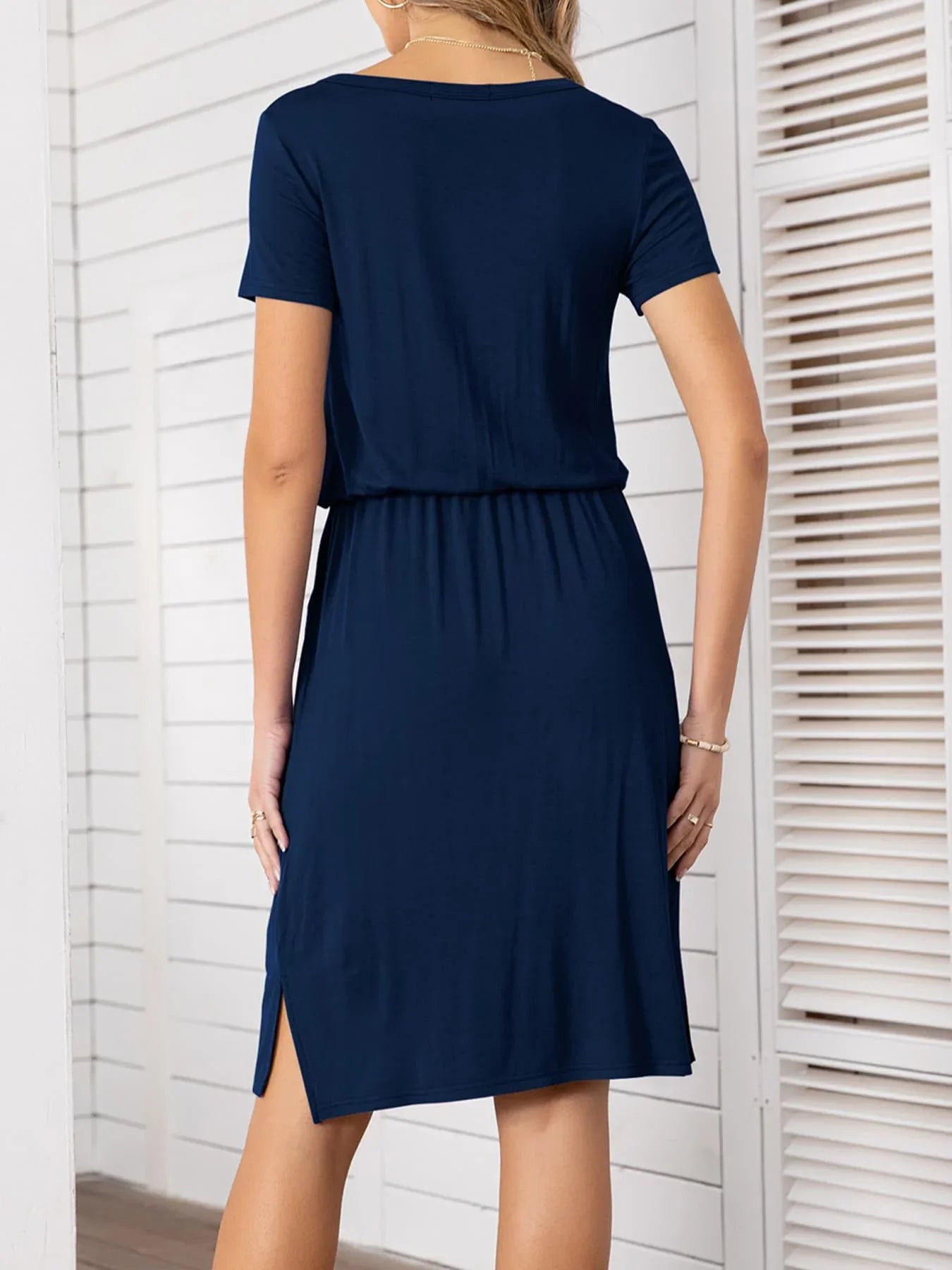 Round Neck Short Sleeve Slit Dress with Pockets - Southern Shores Clothing