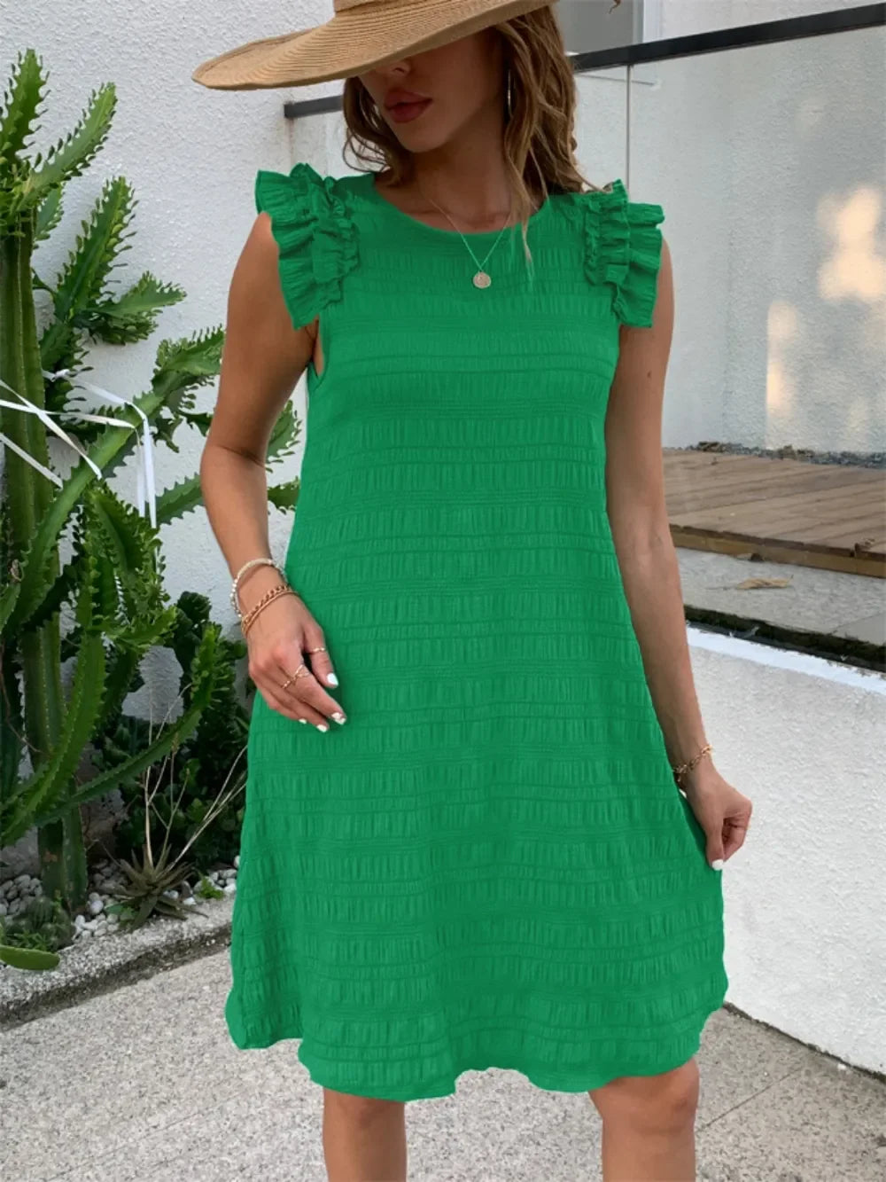Ruffled Round Neck Sleeveless Dress - Southern Shores Clothing