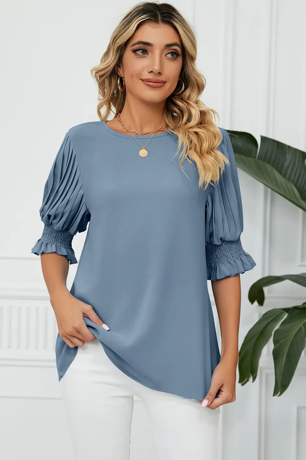 Frill Round Neck Lantern Sleeve T Shirt - Southern Shores Clothing