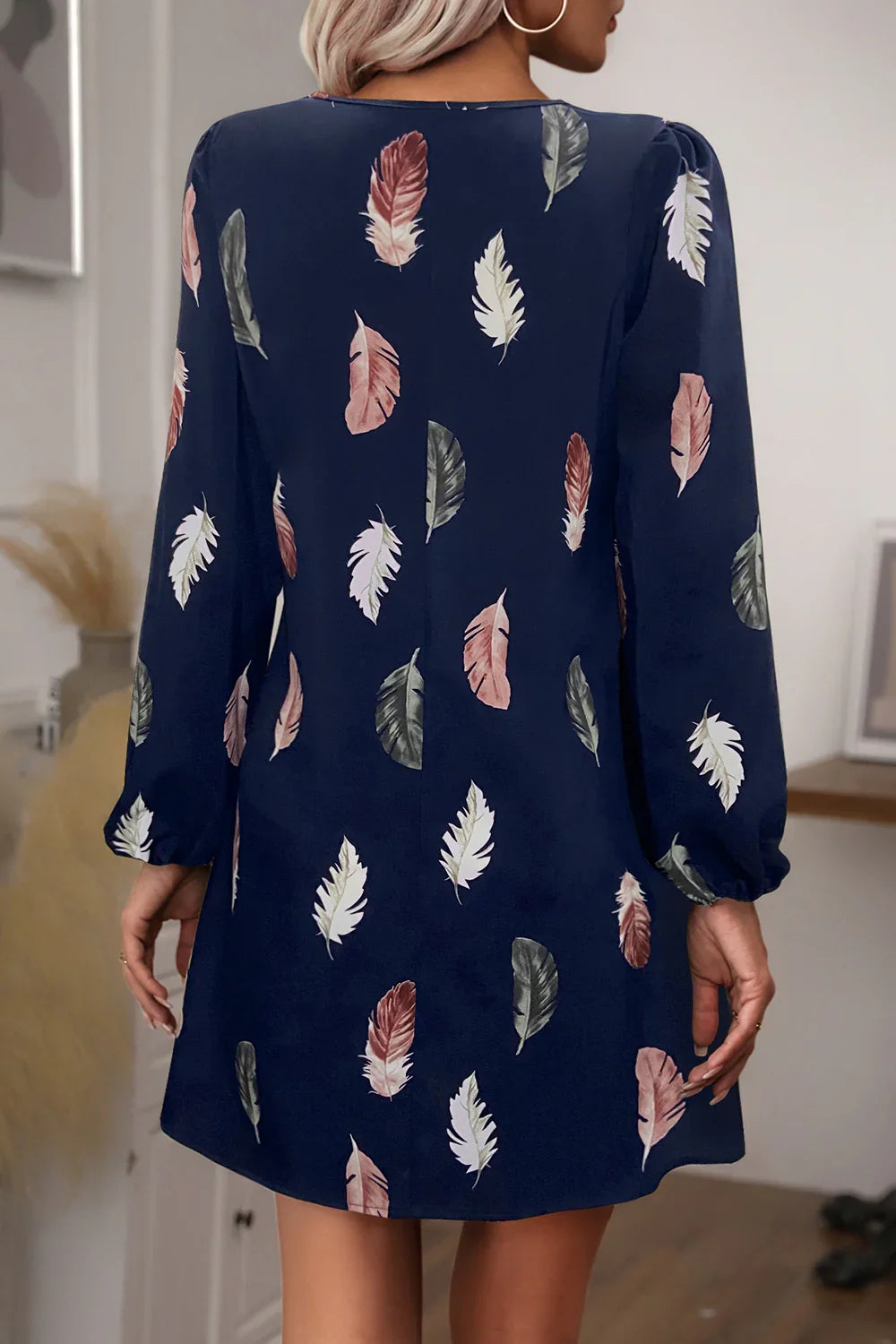 Feather Print V-Neck Dress - Southern Shores Clothing