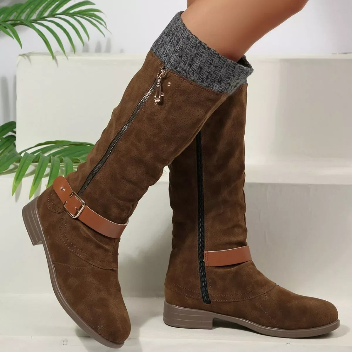 Round Toe Block Heel Boots Suede Rubber Casual