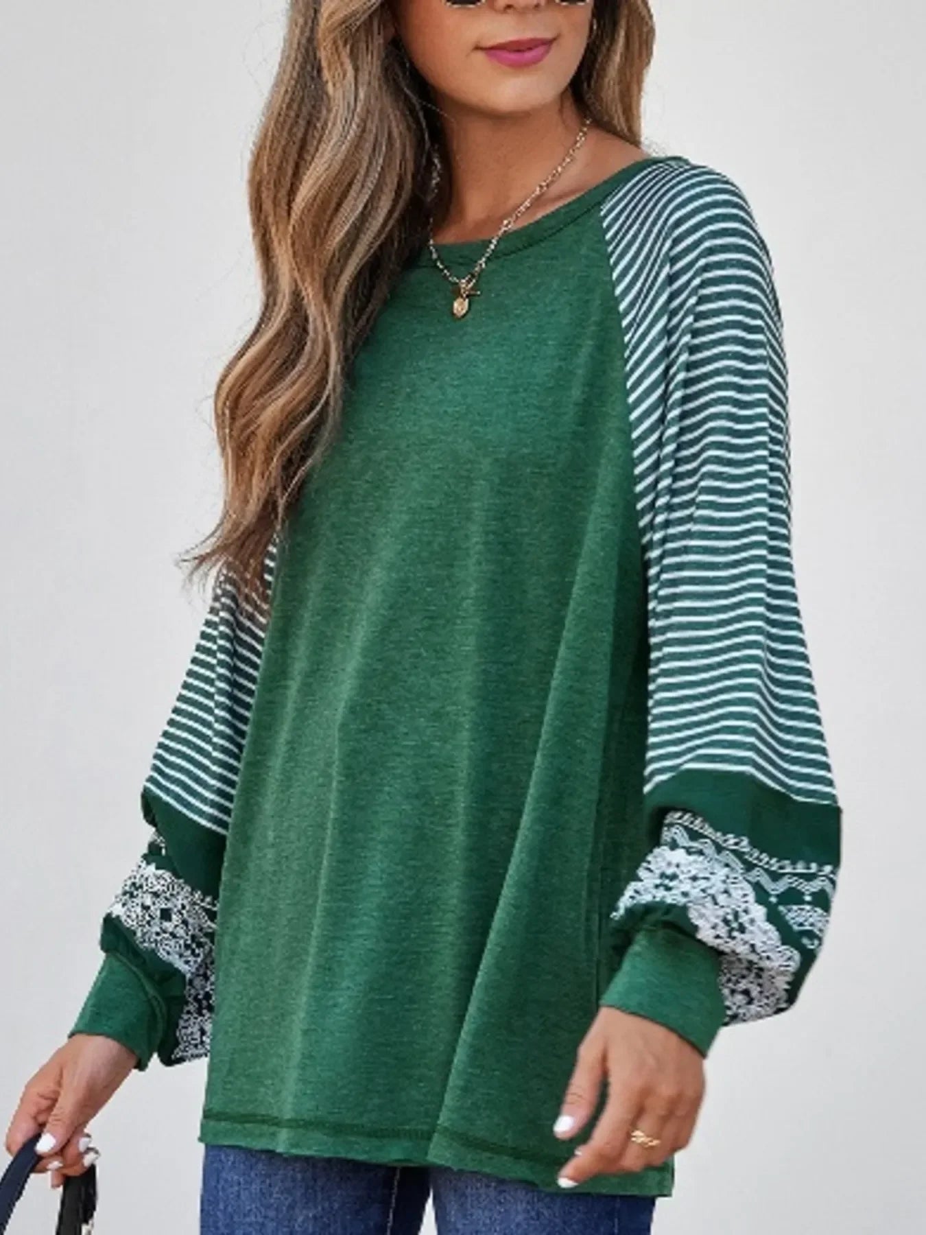 Contrast Print Striped Raglan Long Sleeve Loose Top - Southern Shores Clothing