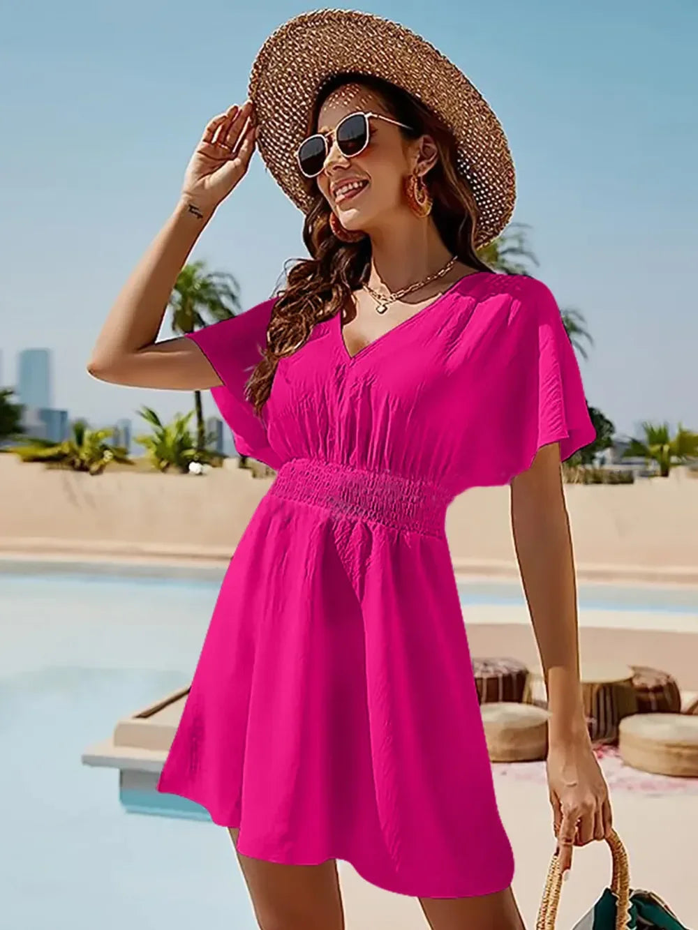 Smocked V-Neck Short Sleeve Dress Lightweight Coastal - Southern Shores Clothing