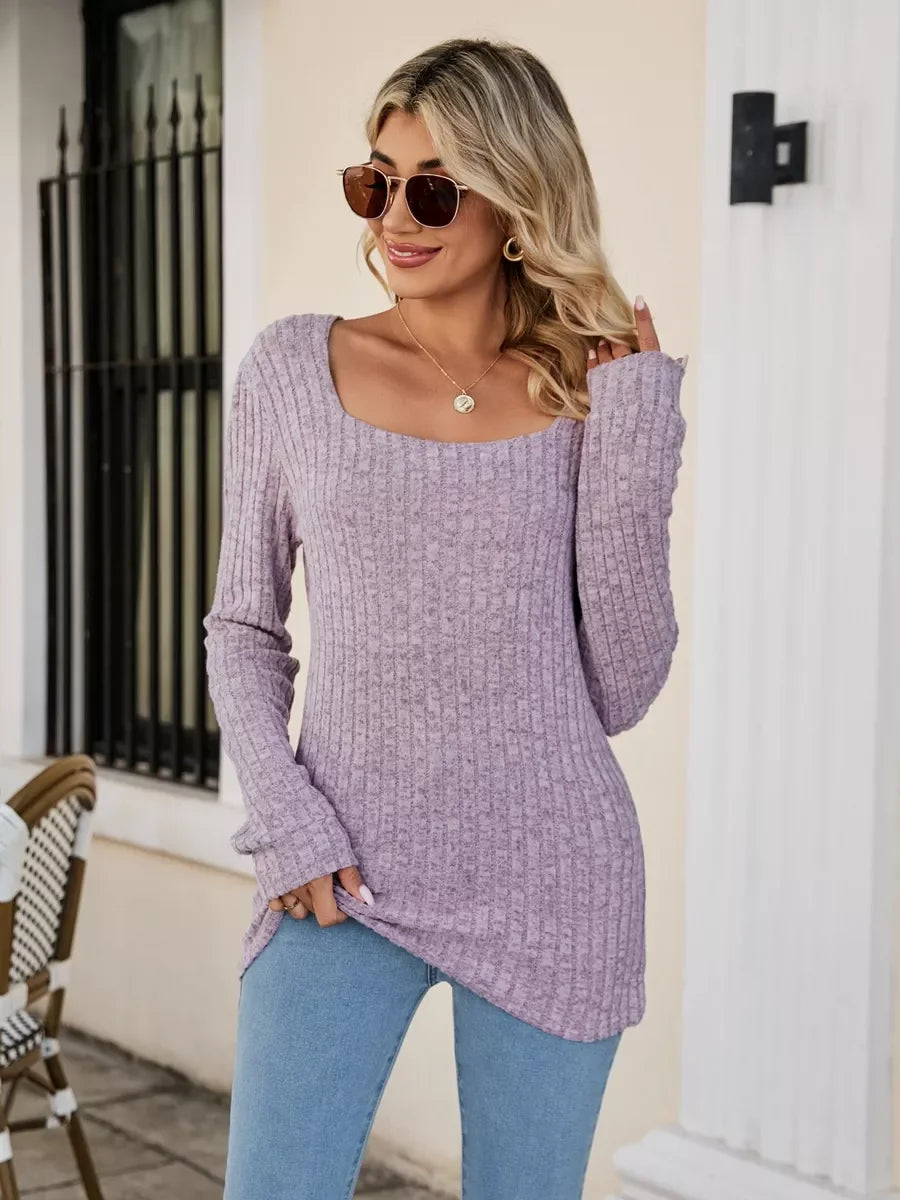 Ribbed Square Neck Long Sleeve Stretch T Shirt - Southern Shores Clothing