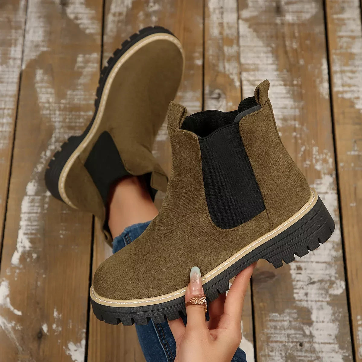 Round Toe Block Heel Boots Suede And Rubber - Southern Shores Clothing