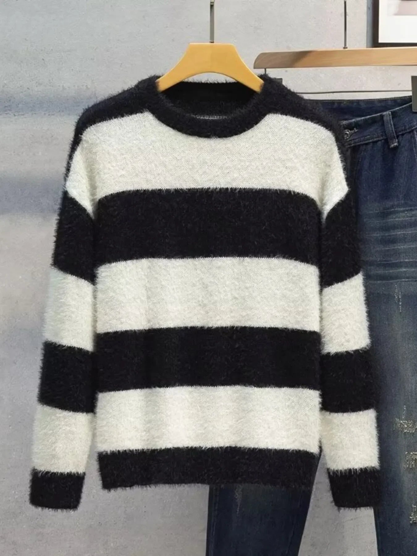 Plus Size Striped Fuzzy Knit Pullover Sweater - Southern Shores Clothing