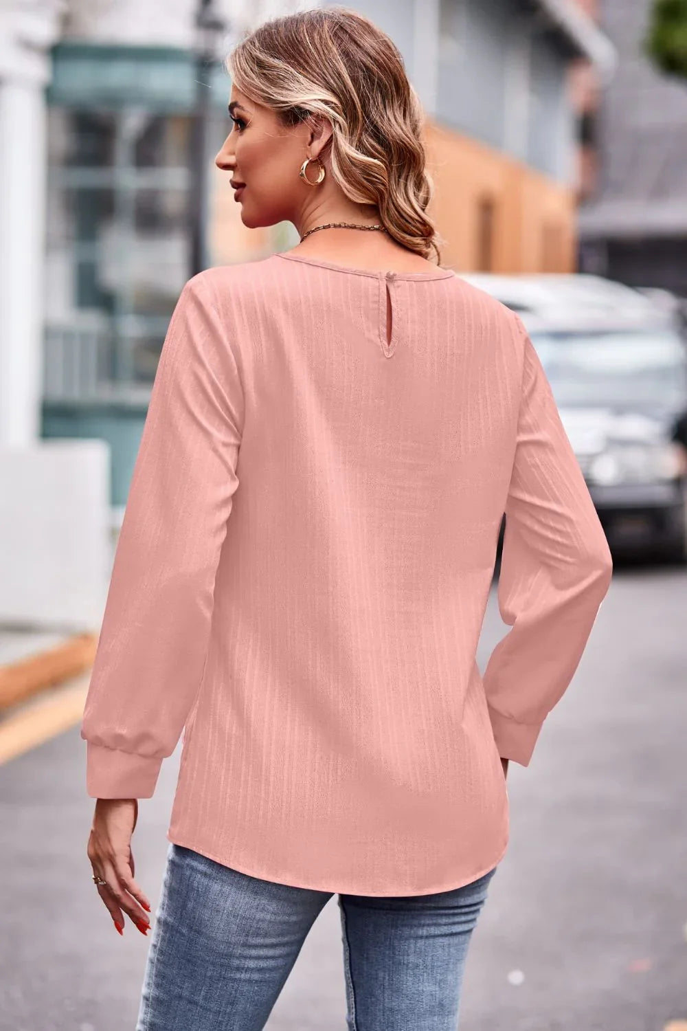 Round Neck Long Sleeve Tee Solid Polyester Top - Southern Shores Clothing