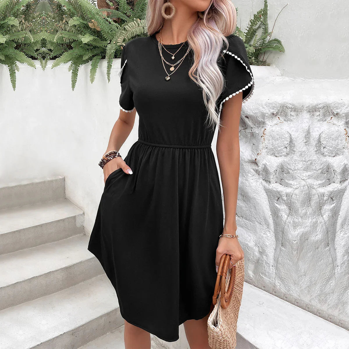 Perfee Round Neck Petal Sleeve Dress with Pockets - Southern Shores Clothing