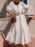 Tie Neck Half Sleeve Tiered Eyelet Dress With Delicate Detailing - Southern Shores Clothing