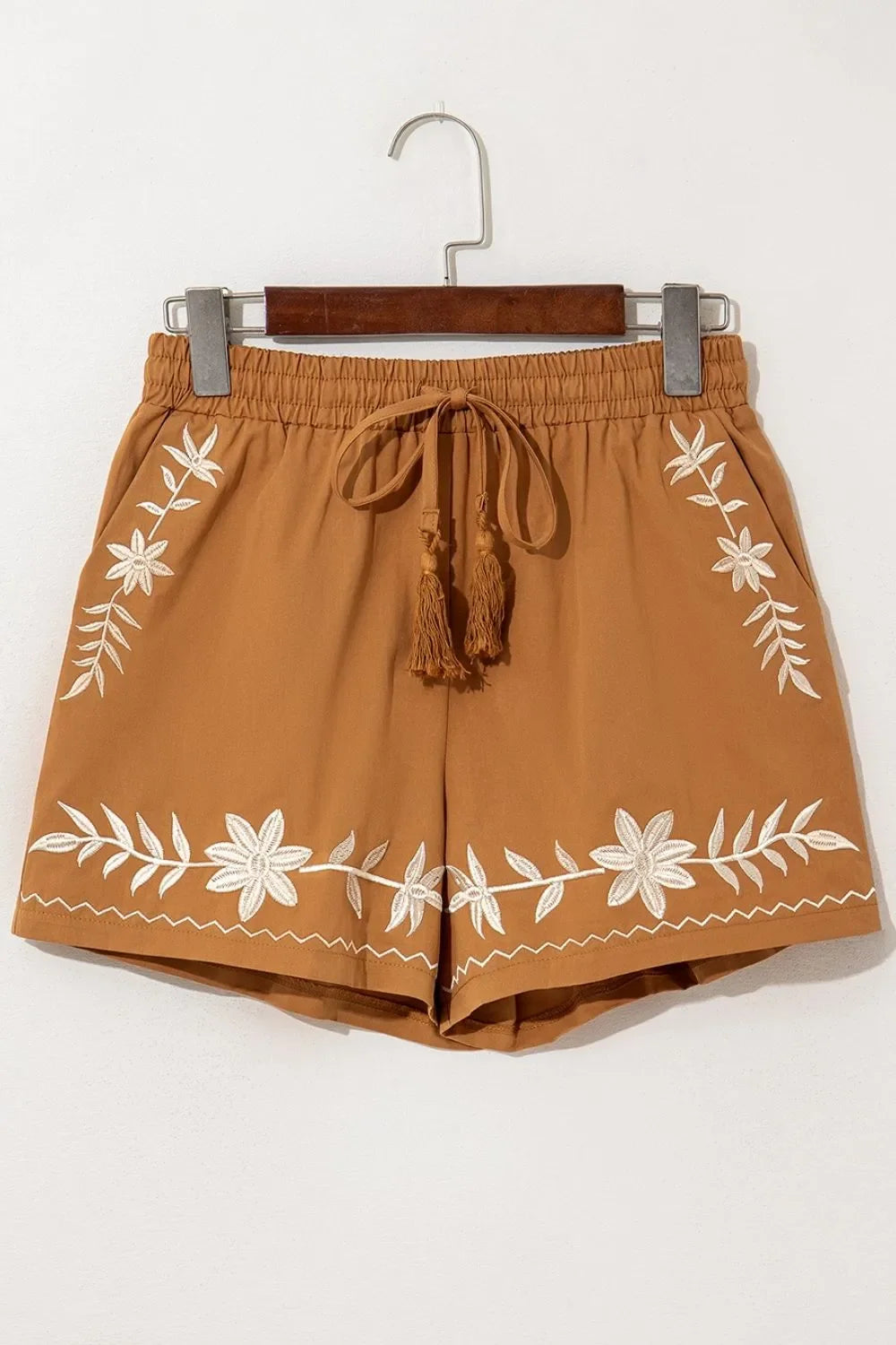Embroidered Boho Tasseled Drawstring Elastic Waist Casual Shorts - Southern Shores Clothing