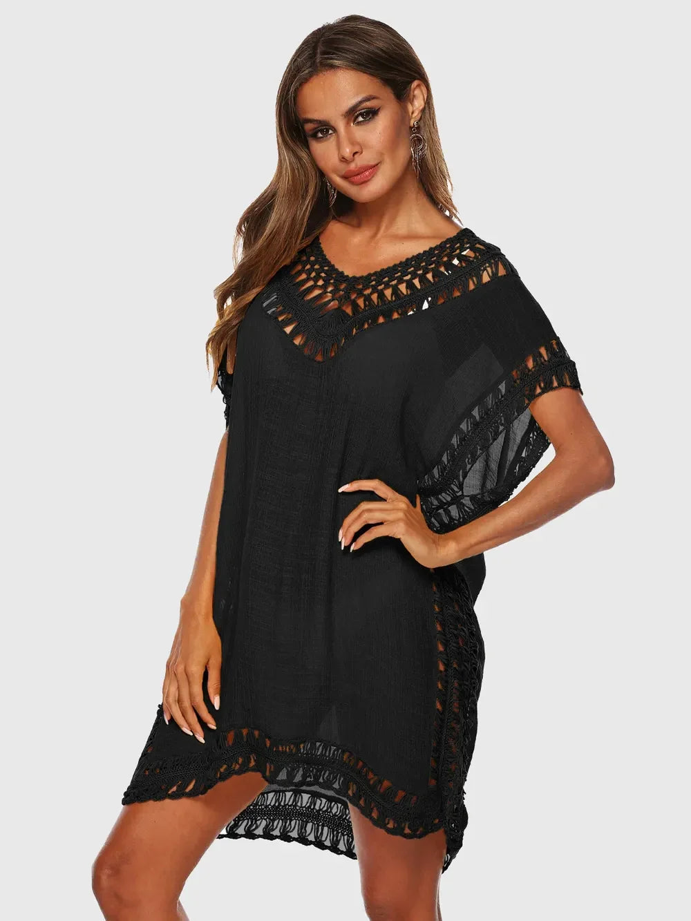 Cutout V-Neck Short Sleeve Cover-Up One Size - Southern Shores Clothing