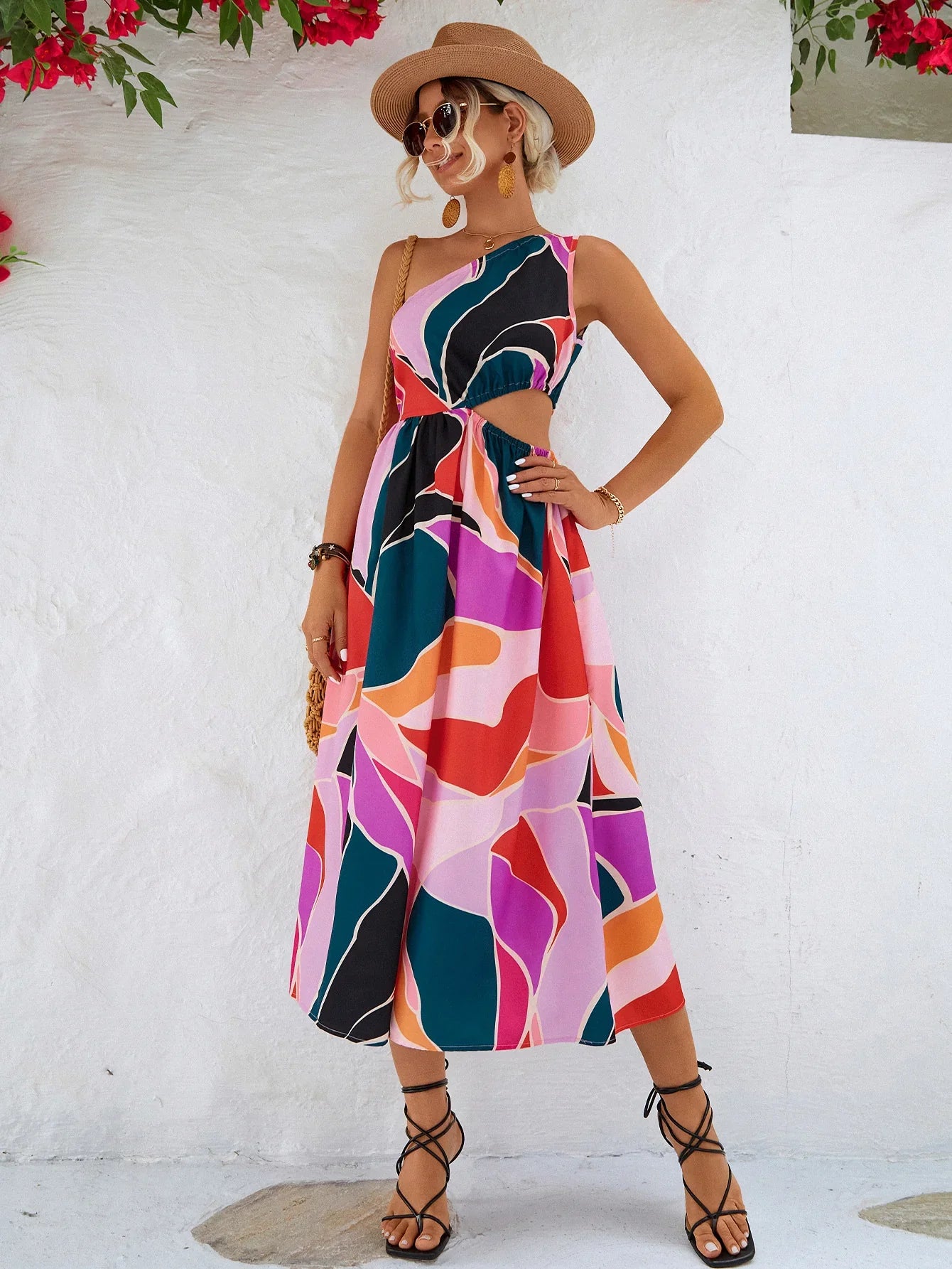 Printed Cutout One Shoulder Sleeveless Maxi Dress - Southern Shores Clothing